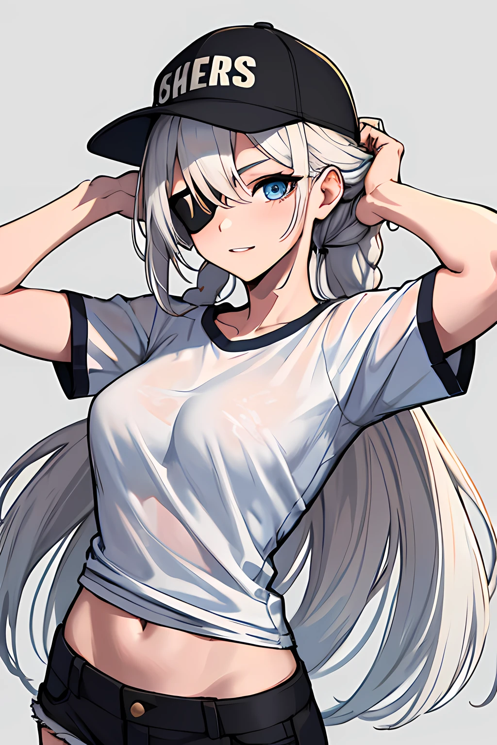 (absurdres, 8k, 4k, masterpiece, hyper extreme detailed:1.2), solo, 1girl, portrait, best quality, expressive eyes, perfect face, portrait, looking at viewer, solo, standing, casual wear, toned, white haired, eye patch, braided hair, long hair, medium breasts, scars, blue eyes, very long hair, military, shorts, white t-shirt, toned body, athletic body, muscular, friendly, calm, graphic t-shirt, medium bust, graphic t-shirt, baseball cap,