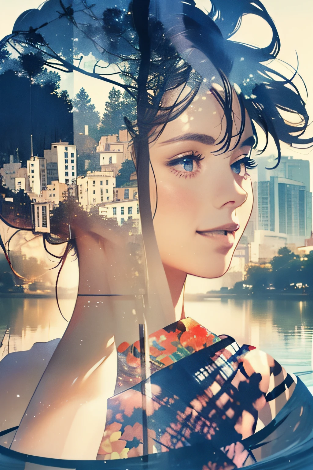 photoRealstic、((Super multiple exposure effect where the background can be seen through the clothes))、girl with、A smile、Lakeside in the background、Wonderful、towards the night view, If you leave the shutter open for a long time、create a line of light.