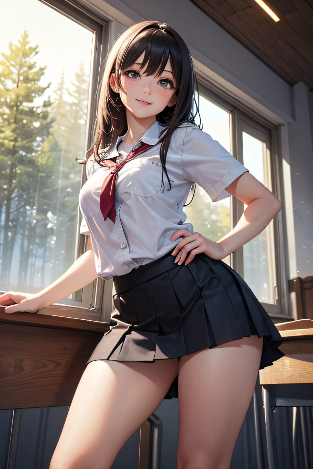 very cute and beautiful school girl,(very detailed beautiful face and eyes:1.2),
Smile,(Mini skirt),(Cowboy Shot),(From below),Black hair,Dynamic Pose,Beautiful legs,
Wooden Classroom,window,Distant trees々Yamori,
(Best Quality,masutepiece:1.2),Intricate details,Extremely detailed,hight resolution,Solo,Cinematic lighting,(Realistic),