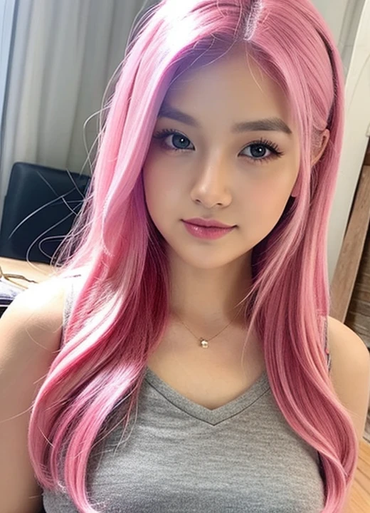 gamer girl, vibrant pink hair, long hair, makeup, posing