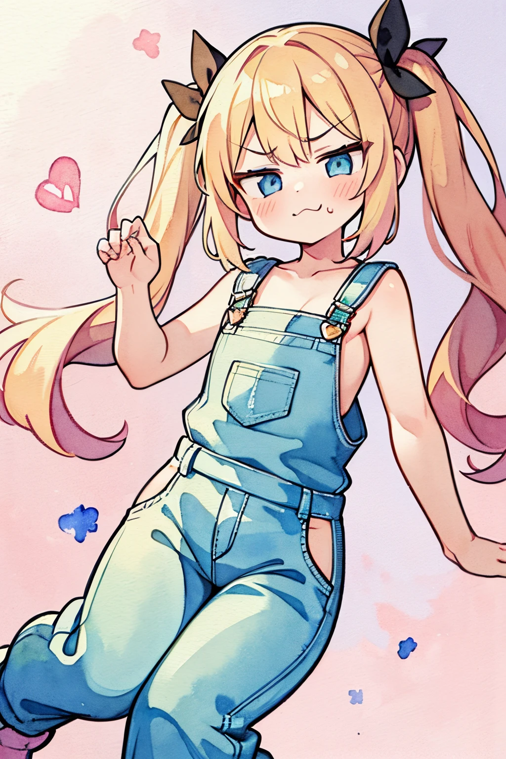 ((masterpiece)), beautiful, 4k, (pastel color:1.5), (watercolor:1.4), white back ground, detailed, intricate details, (blush), ((scowl face)), ((Break-dance pose)), , loli,veralls, jean overalls, cuffed overalls, blonde hair, long blonde pigtails, hair ballies, pink hair tie balls, long flowing pigtails, soft blue eyes, slight smile, 1girl, rocking, shirtless, overalls over skin, bare shoulders, bare sleeves, bare arms