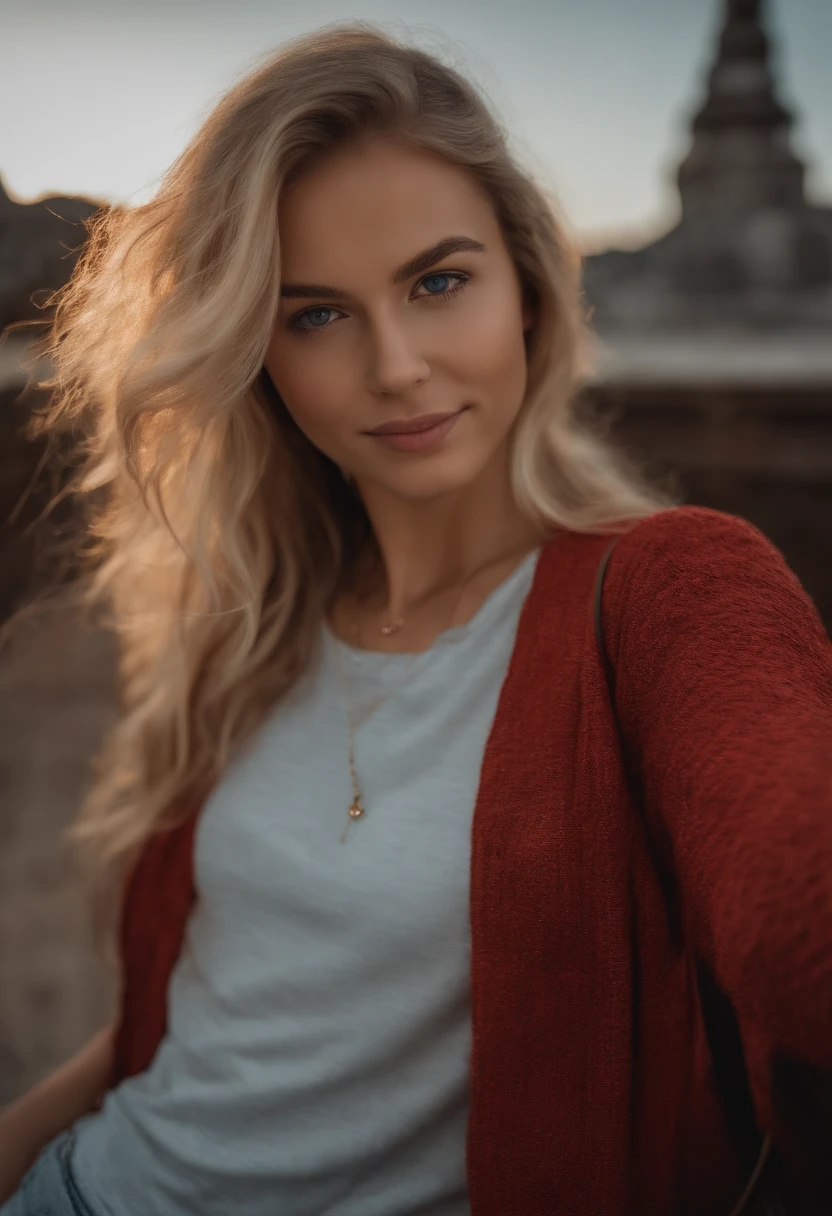 RAW photo in sequence, a photo of a 16-year-old teenager, ((selfie from the full upper body of the body, happy)), full length, detailed photos, detailed fund plans, natural light, HDR, realistic photos, professional photos, professional photos, visual sexy, photorealista, natural skin, 8k UHD, high quality, filmic grain, Fujifilm XT3, blonde hair, blue eyes, Olivia Dunn, Detailled touch, red collared shirt, face straight to camera