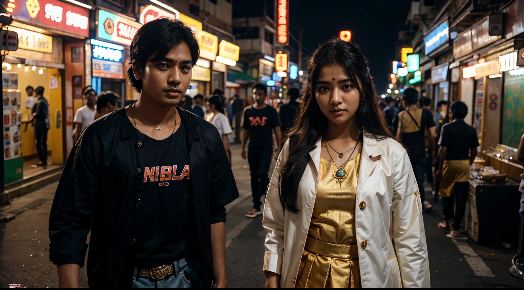 Korean Girl in Tamil Nadu traditional outfit with indian Boy at night in cyberpunk city