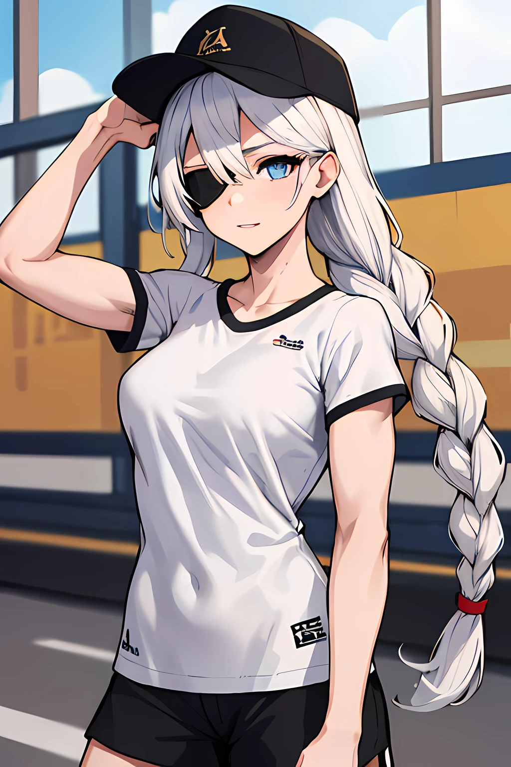 (absurdres, 8k, 4k, masterpiece, hyper extreme detailed:1.2), solo, 1girl, portrait, best quality, expressive eyes, perfect face, portrait, looking at viewer, solo, standing, casual wear, toned, white haired, eye patch, braided hair, long hair, medium breasts, scars, blue eyes, very long hair, military, shorts, white t-shirt, toned body, athletic body, muscular, friendly, calm, graphic t-shirt, medium bust, graphic t-shirt, baseball cap,