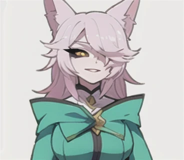 Cartoon drawing of a woman with white hair and a green sweater, [[[[sonriendo malvado]]]], Hembra Fursona, Chica de anime con cabello verde azulado, Anime Catgirl, Fursona!!!!, zorro blanco de pelo, Holo es una chica lobo, Fursona con ropa elegante, Chica anime con orejas de gato, en un estilo anime, unknown artstyle