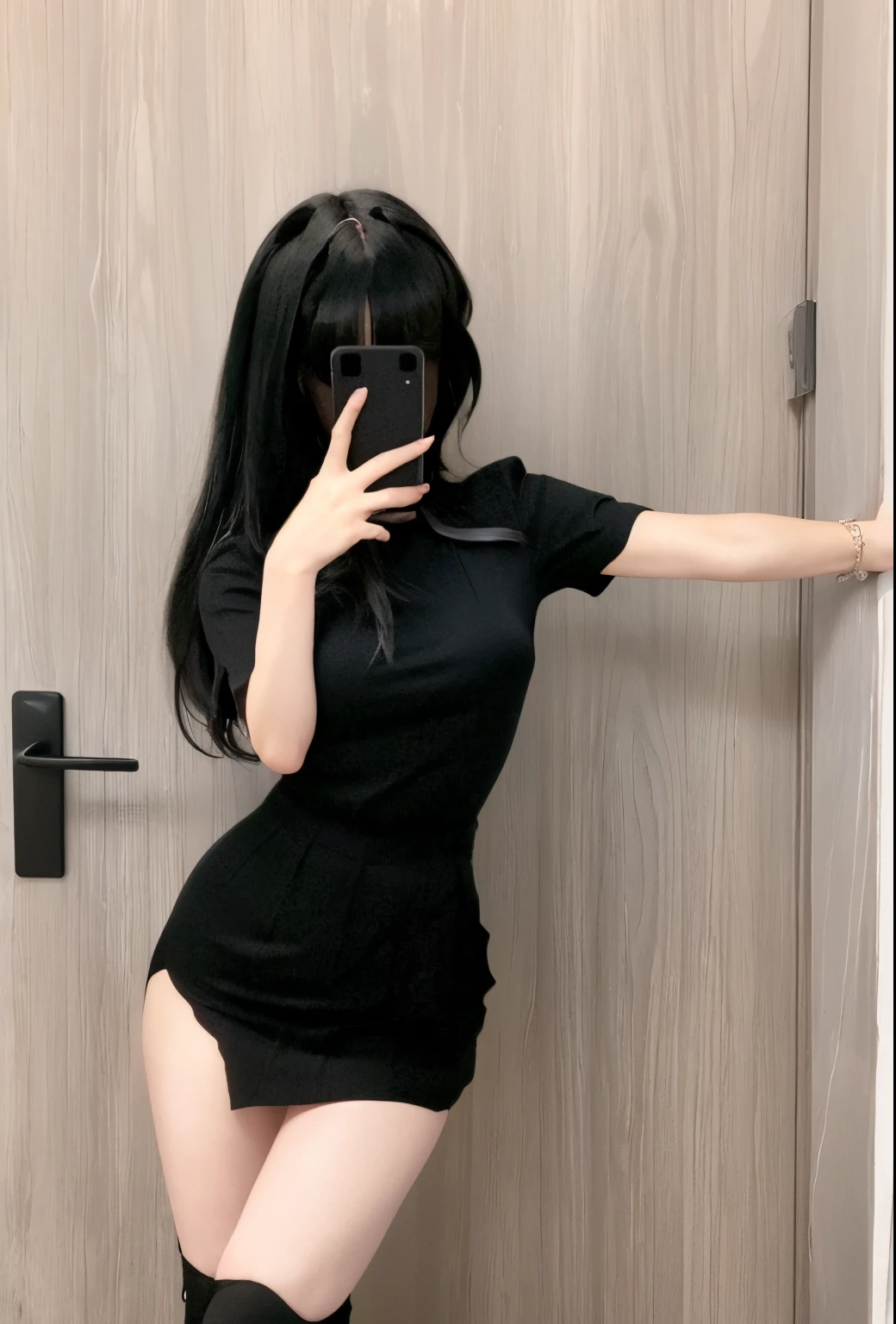 Couple in black dress standing in front of door, 👅 👅, she wears a black dress, sexy dress, laced dress, Black dress, short skirt, wearing a black dress, ulzzangs, thicc, in a skirt, succubus in tight kilt, distorted pose, dark black dress, photo of slim girl