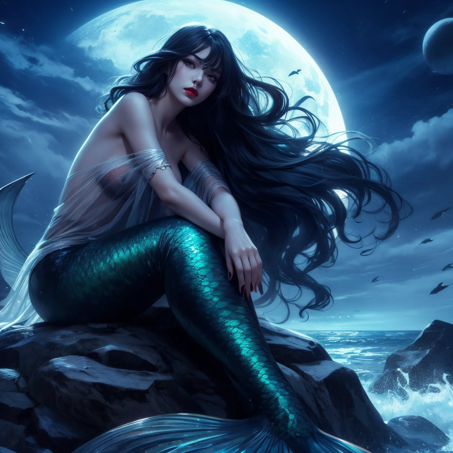 Hyper realstic mermaud, long black hair, sly look, dark red lips, her nipple is visible
