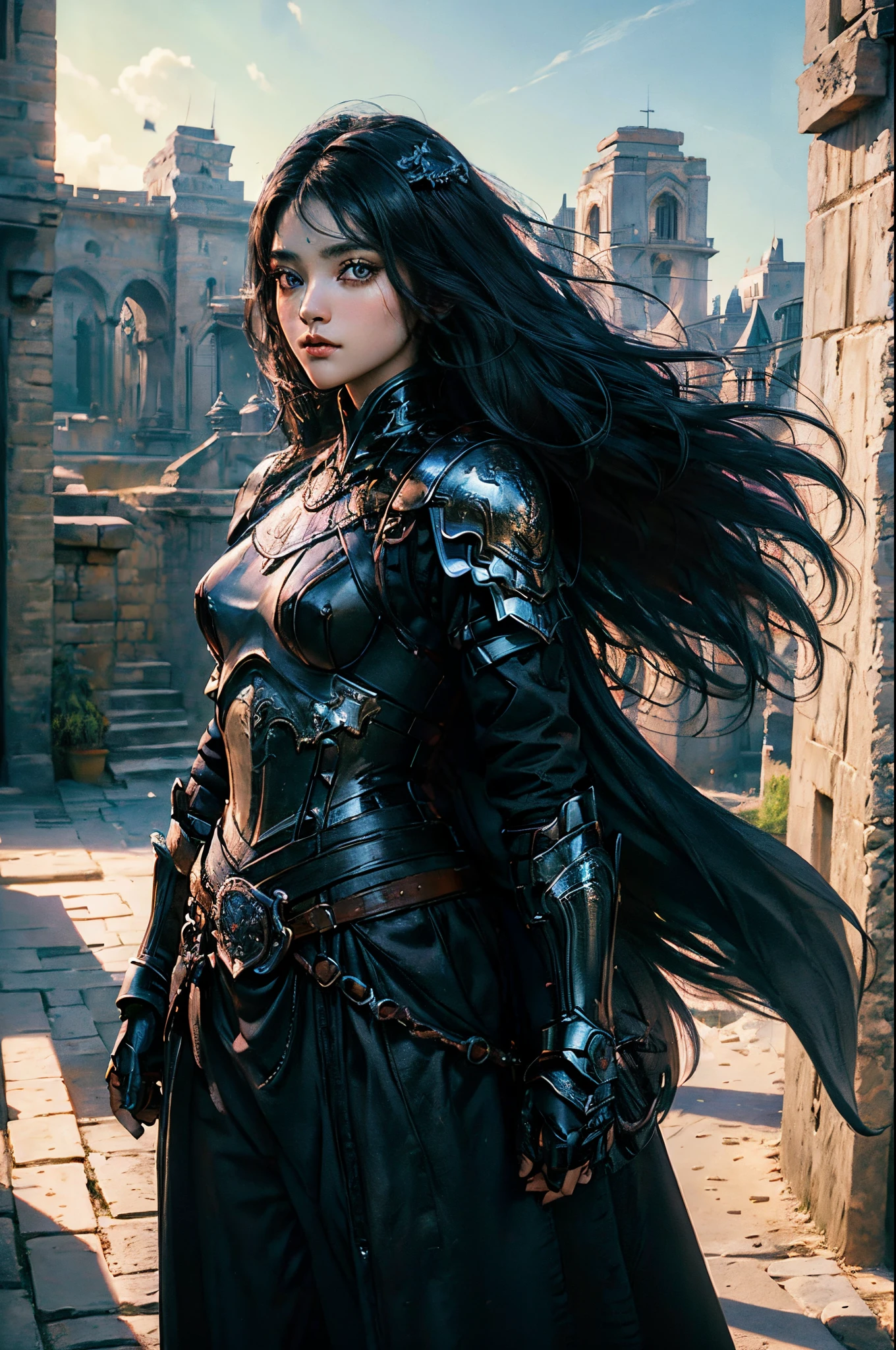 (best quality,high resolution,ultra-detailed,masterpiece:1.2),a young girl with long black hair and violet eyes,wearing men's armor,against a vivid landscape,vibrant colors,studio lighting,sharp focus,physically-based rendering.