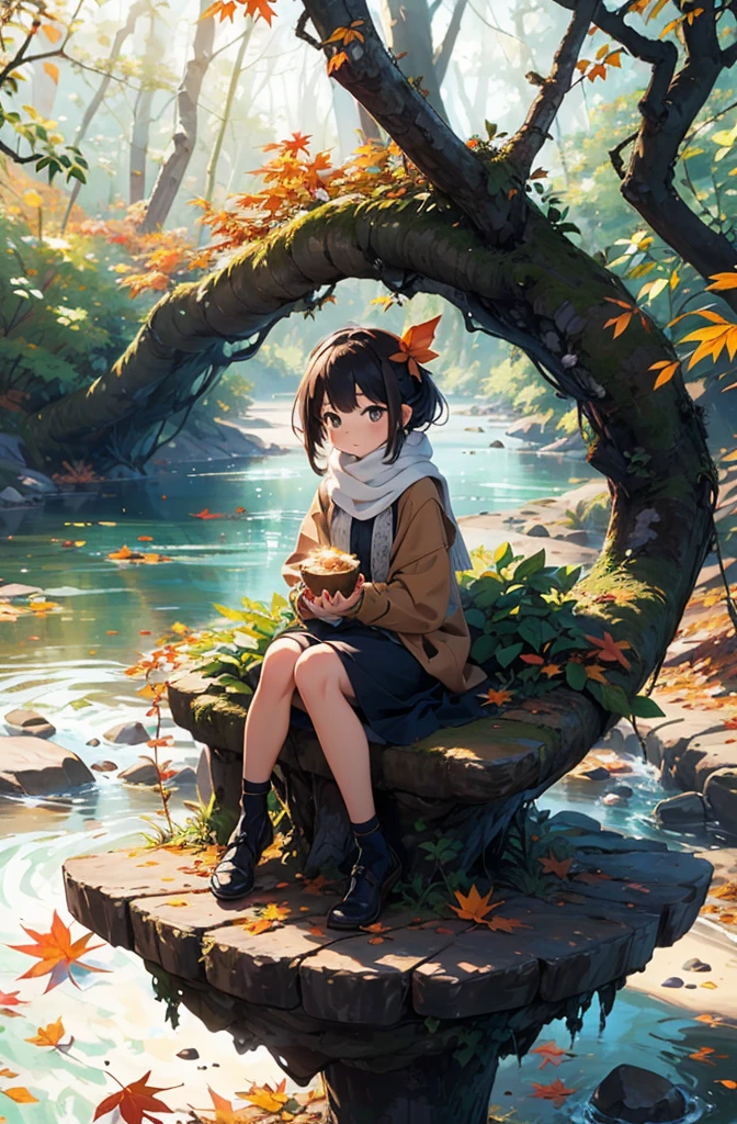 depict a whimsical and enchanting scene of a cute little fairy wearing a scarf and cute dress ((sitting on a leaf) resting in a (forest), (fall season), small river, autumn,