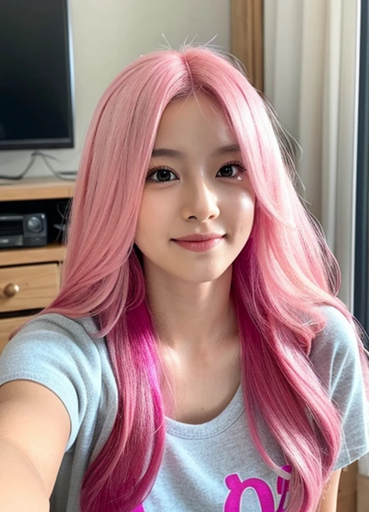 gamer girl, vibrant pink hair, long hair, makeup, breakdfast