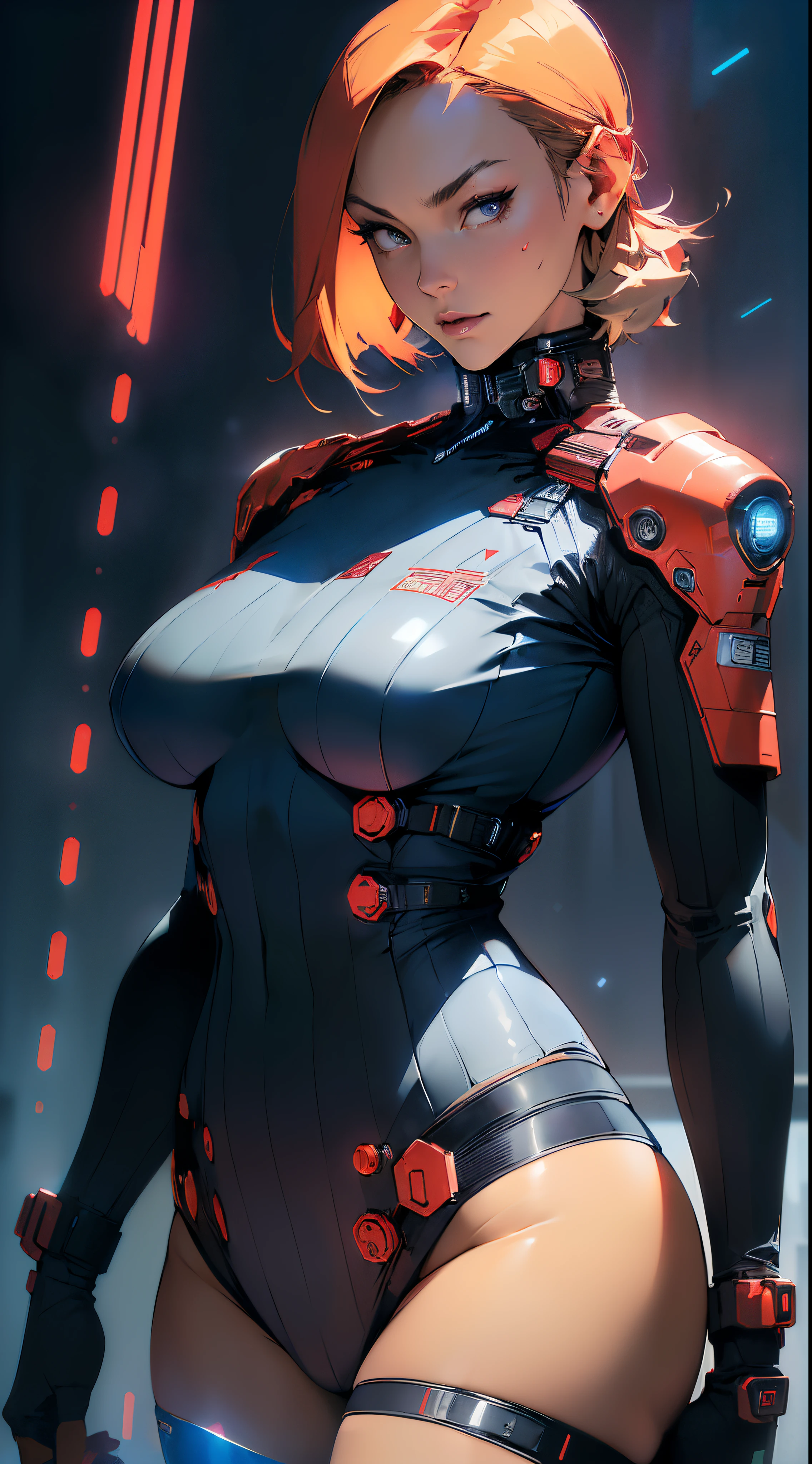 ((Best quality)), ((masterpiece)), (detailed: 1.4), (Absurd), Caucasian woman fighter pilot ready for war, front walking, Captain Brittany's outfit from Marvel comics, sculptural body defined, half-thick thighs bare, mouth closed, only in , muscular body covered by technological clothing, Neon Genesis Evangelion style, cyberpunk, generous neckline, ((perfect large breastls without pupils),  ((very dark blue, red and white clothing)), ((((short blonde straight hair misaligned like Lucy from cyberpunk: mercenaries)))), (thin white stripes left blue covering the breasts), (rehite stripes on the arms), (((lightning bolt drawings on the arms)), long manga-style eyelashes, short underwear, garter belt, by mucha, niji --V5, close to real, psychopathic, crazy face,  sexy pose, backgrounith a giant Gundam style robot head, 2 piece clothing, shoulder pads, airplane wings on the back, pastel, centered, scale to fit dimensions, HDR (High Dynamic Range),Ray Tracing,NVIDIA RTX,Super-Resolution,Unreal 5,Subsurface dispersion, PBR texture, Post-processing, Anisotropic filtering, Depth of field, Maximum clarity and sharpness, Multilayer textures, Albedo and specular maps,  Surface Shading, Accurate Simulation of Light-Material Interaction, Perfect PrOctane Render, Two-Tone Lighting, Wide Aperture, Low ISO, White Balance, Rule of Thirds, 8K RAW, Crysisnanosuit