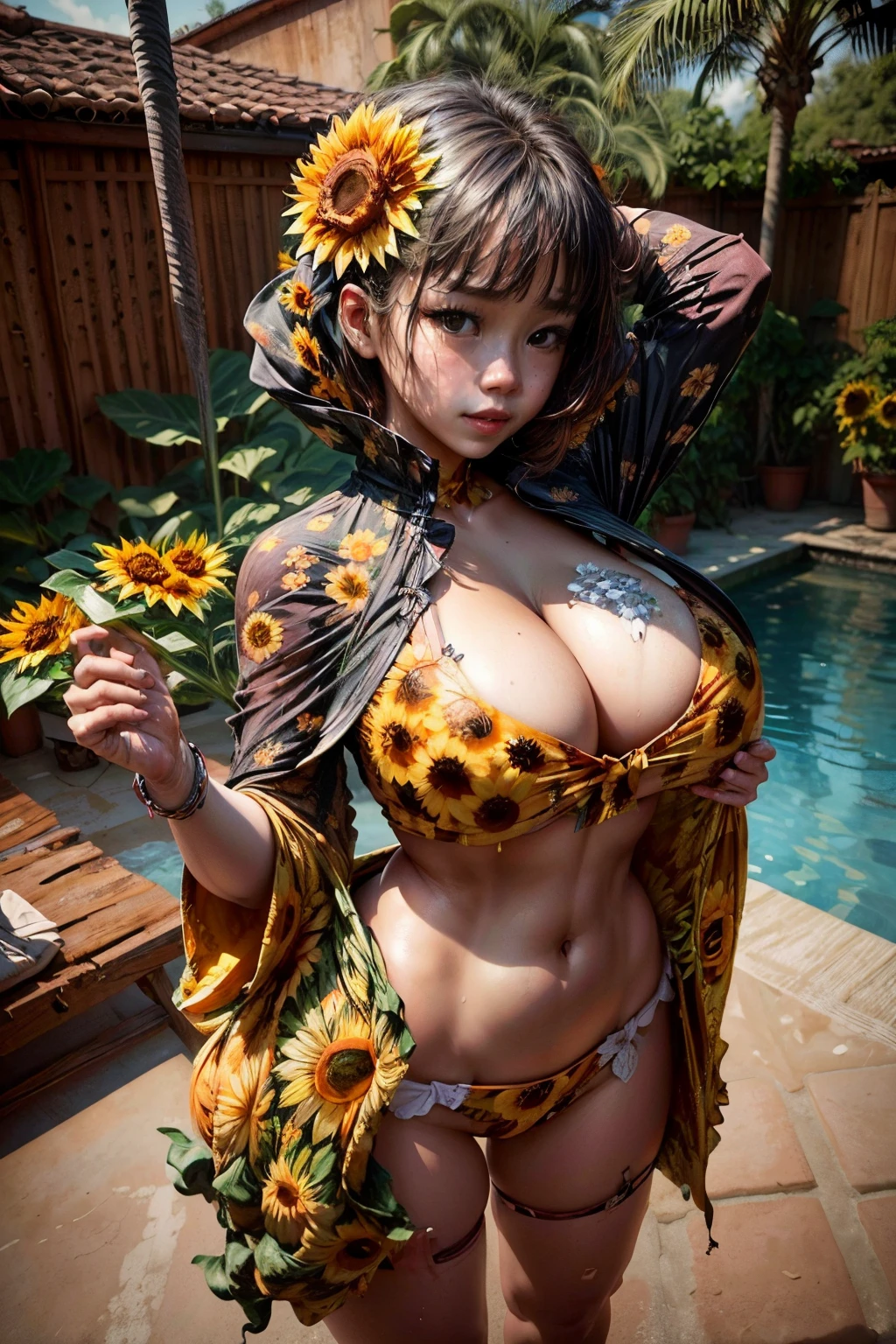 woman wearing ((1 large Sunflower flower) printed ) swimsuits, giga_busty