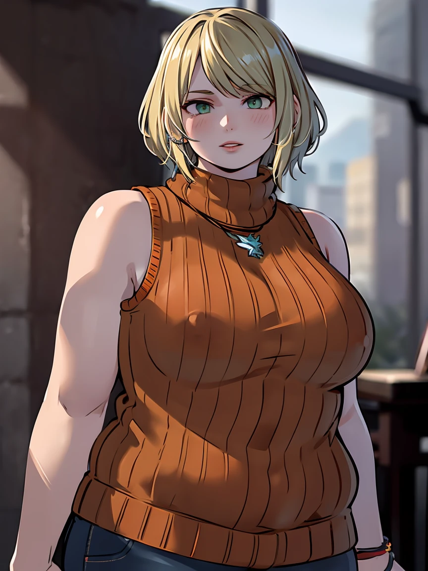 masterpiece , 4K, high quality, perfect anatomy, perfect eyes, chubby 1girl, blurry, photo_\(medium\), realistic, short_hair, sleeveless, solo, looking_at_viewer, chubby body, blonde_hair, shirt, bare_shoulders, jewelry, light green eyes, full_body, parted_lips, necklace, sweater, lips, turtleneck, bob_cut, sleeveless_turtleneck, orange_shirt, fat Ashley, 3d,