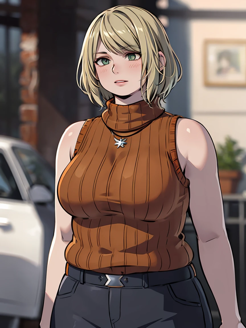 masterpiece , 4K, high quality, obese 1girl, blurry, photo_\(medium\), realistic, short_hair, sleeveless, solo, looking_at_viewer, obese body, blonde_hair, shirt, bare_shoulders, jewelry, green_eyes, upper_body, parted_lips, necklace, sweater, lips, turtleneck, bob_cut, sleeveless_turtleneck, orange_shirt, obese Ashley, 3d,