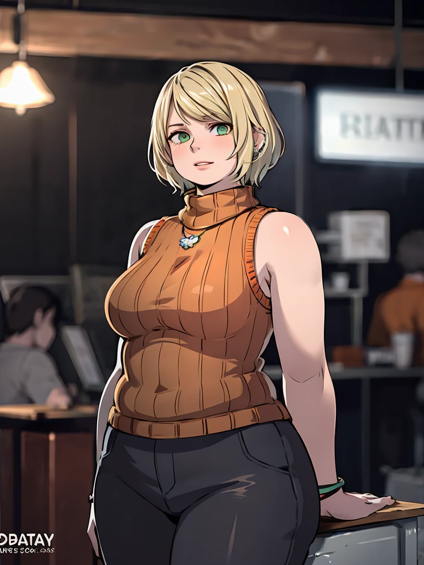 masterpiece , 4K, high quality, perfect anatomy, perfect eyes, chubby 1girl, blurry, photo_\(medium\), realistic, short_hair, sleeveless, solo, looking_at_viewer, chubby body, blonde_hair, shirt, bare_shoulders, jewelry, light green eyes, full_body, parted_lips, necklace, sweater, lips, turtleneck, bob_cut, sleeveless_turtleneck, orange_shirt, fat Ashley, 3d,