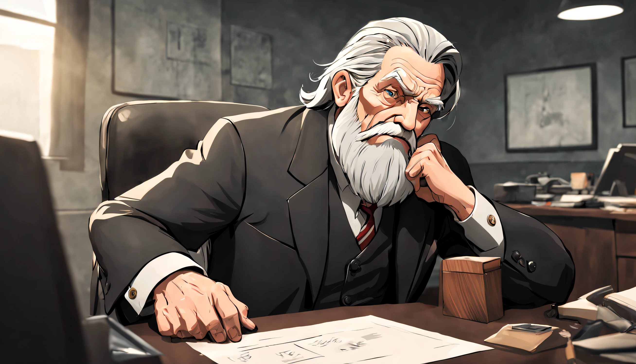A master called ((((Azok)))) ,old, strong, bearded, grey suit, detailed face, gray hair and beard, intense gaze, commanding presence, wise expression, wrinkled skin, textured aging, confident posture, firm stance ((cartoon)) is sitting in a expensive office lokking worried