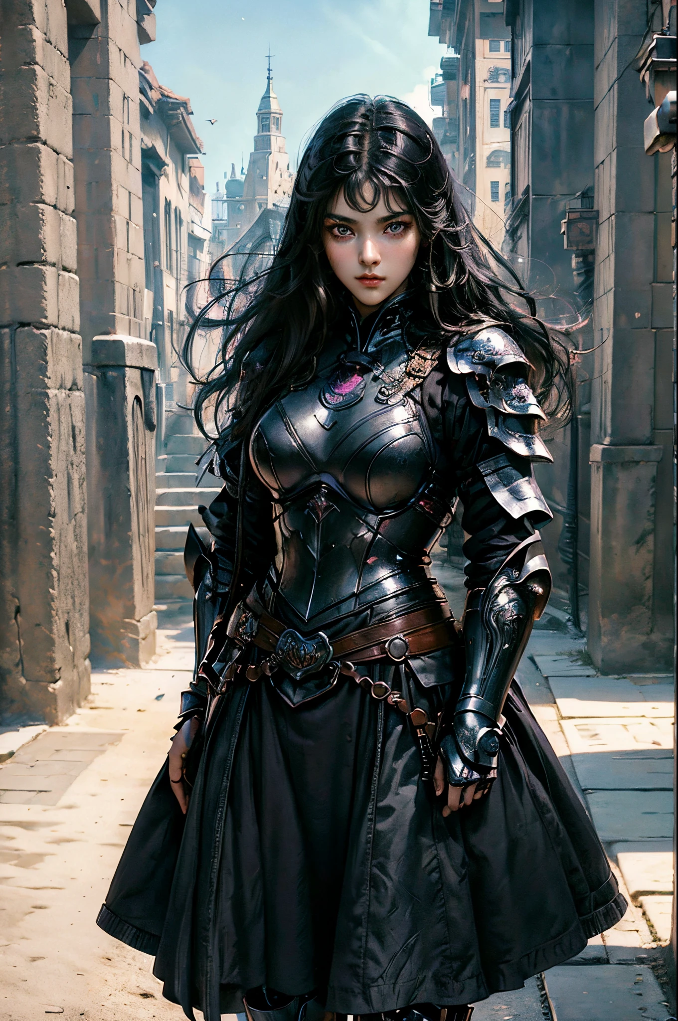 (best quality,high resolution,ultra-detailed,masterpiece:1.2),a young girl with long black hair and violet eyes,wearing men's armor,against a vivid landscape,vibrant colors,studio lighting,sharp focus,physically-based rendering.