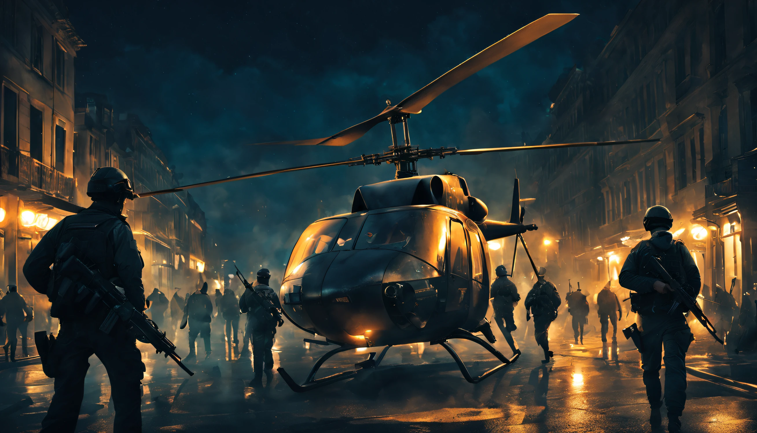 a helicopter with armed men are at a city at night