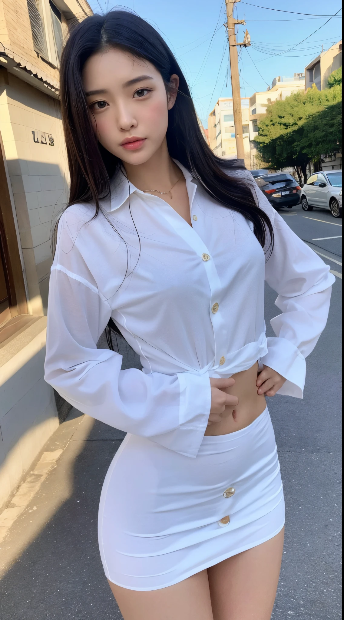 ((Best quality,8K,tmasterpiece:1.3)),Focus sharp:1.2,Beautiful woman with perfect figure:1.4,Skinny belly:1.2,((Layered Hair Style,The large:1.2)),(Nothing)(small but beautiful effort)(thin, wet button,to shirt length:1.1),(The white shirt was soaked by the rain),(Sateen,the street:1.2),Damp body:1.1,Highly Detailed Face and Skin Textur, 詳細な目, 二重まぶた, suntanned skin, Raised sexy, Mullen Mullen