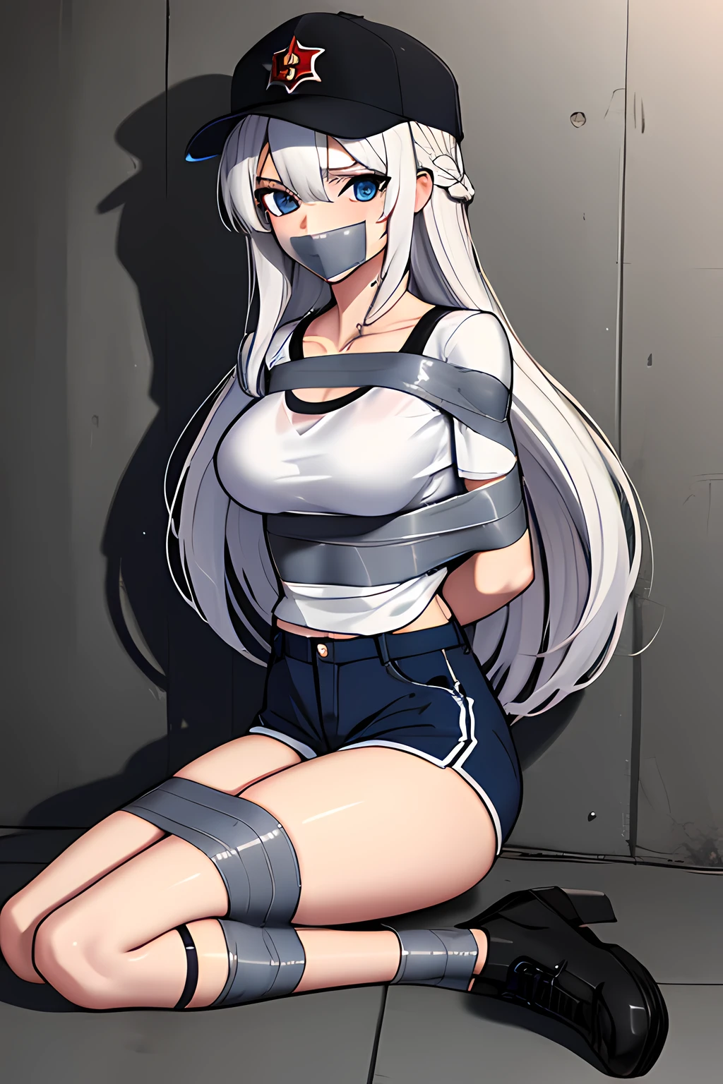 (absurdres, 8k, 4k, masterpiece, hyper extreme detailed:1.2), solo, 1girl, portrait, best quality, expressive eyes, perfect face, portrait, looking at viewer, solo, standing, casual wear, toned, white haired, eye patch, braided hair, long hair, medium breasts, scars, blue eyes, very long hair, military, shorts, white t-shirt, toned body, athletic body, muscular, friendly, calm, graphic t-shirt, medium bust, graphic t-shirt, baseball cap, bound, bondage, (arms behind back:1.4), bdsm, tape gag, tape, tape bondage, close-up, restrained, best anatomy, half body, taped thighs, taped legs, legs together, tape wrapped, wrap gag,