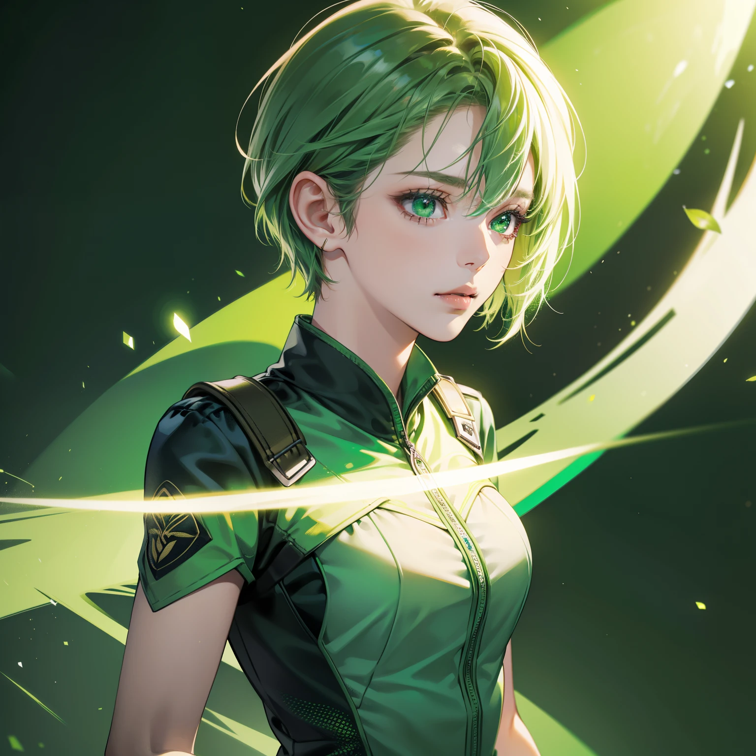 Masterpiece, high quality, best quality, HD, realistic, perfect lighting, detailed body, 1 woman, perfect eyes, short hair, Green lime  Hair, glowing, green lime hacker uniform, dark green lime background.