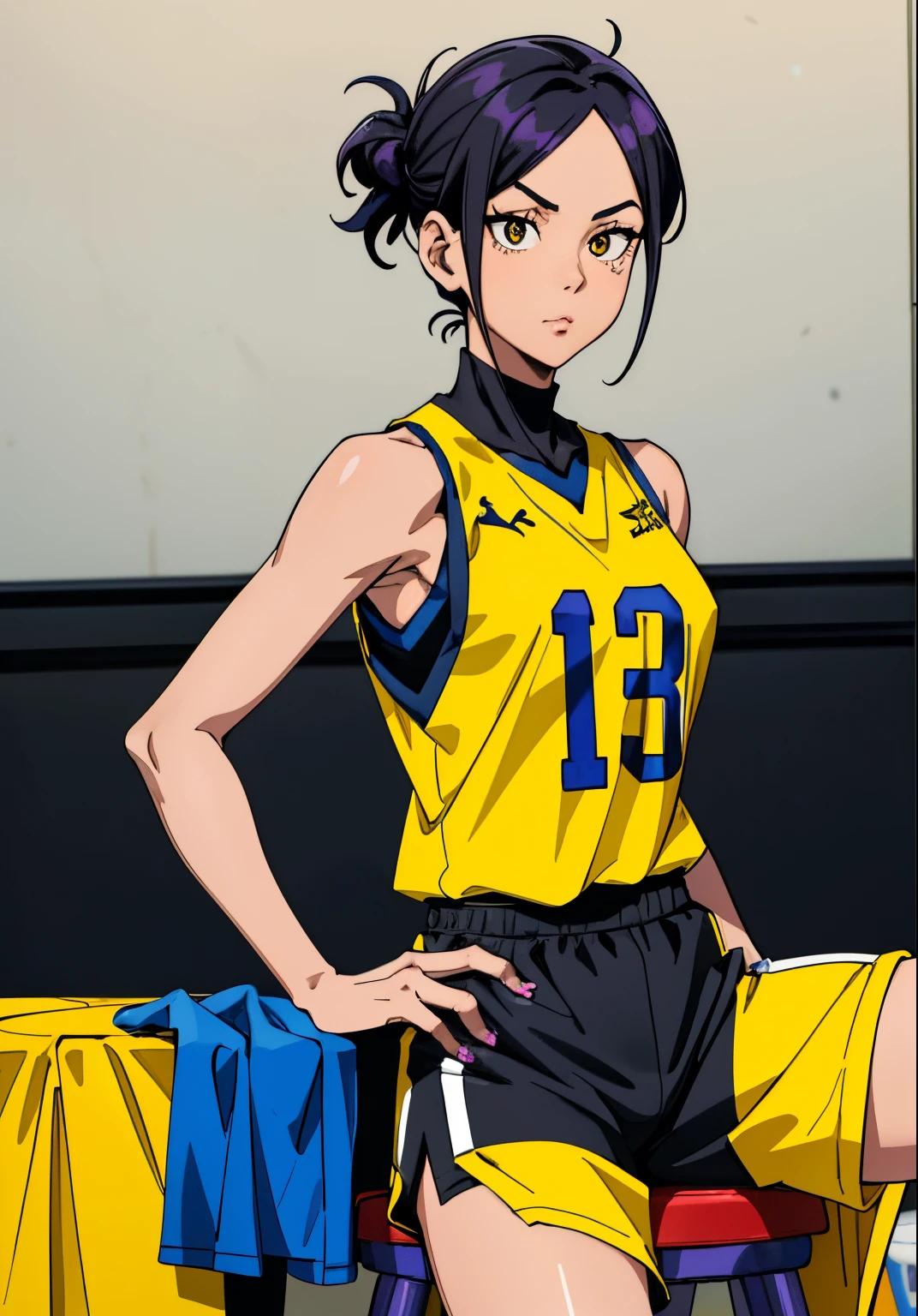 arafed woman in a yellow shirt and black shorts posing on a stool, wearing nba jersey, wearing basketball jersey, wearing a volleyball jersey, sleeveless, 2 0 2 0 fashion, sleeveless tops, 🦩🪐🐞👩🏻🦳, wearing tanktop, los angeles, tank top, violet tight tanktop, authentic, open v chest clothes