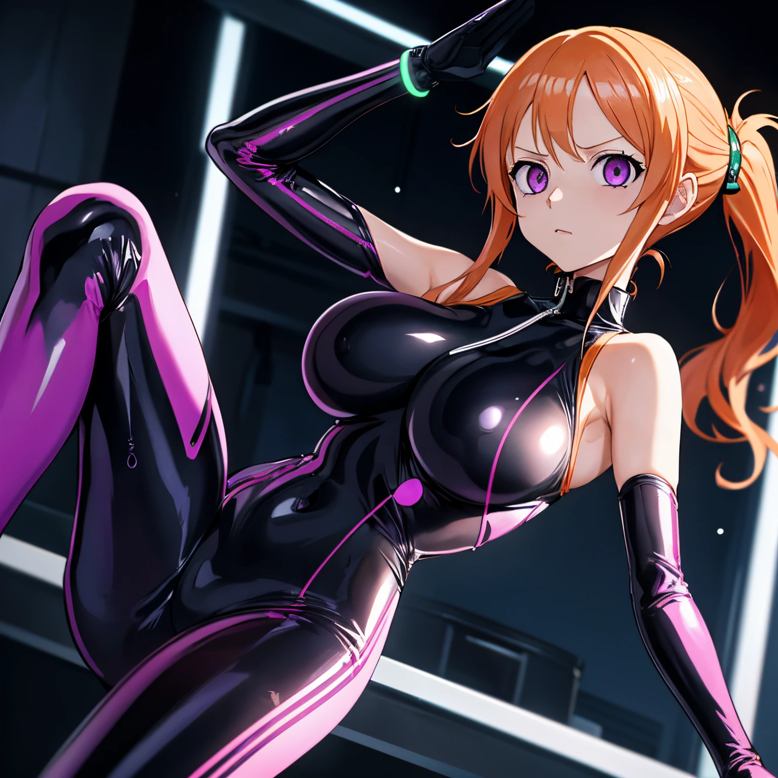 {1girl in},{{{{{masutepiece++, Best Quality++, Ultra-detailed+, 超A high resolution,(Photorealistic:1.4),Raw photo,(Nami)+,(Nami)+,(One Piece NAMI)+,(Onepiece),Orange hair, Girl in black latex full body suit,very aesthetic, Best Quality, absurderes, 1girl in, Brainwashed,}}}}}, ((purple glowing eyes 1.3)), (huge-breasted:1.2)deadpan, laboratory, Darkness Room, (Neon light:1.2), (Night:1.5), stand up and salute