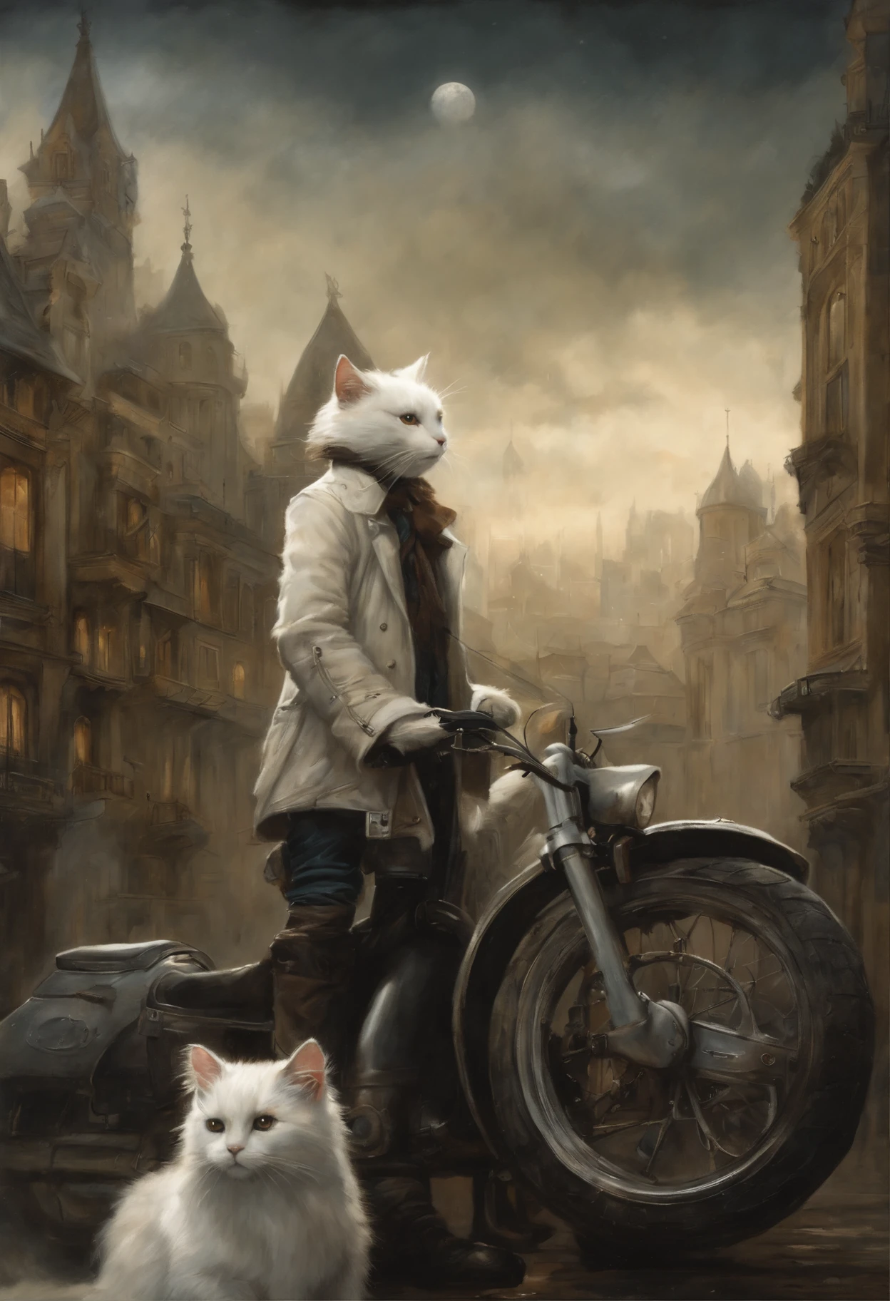 真实感, dark fantasy style, John Tolkien style, Small painting by Jean-Baptiste Monge, fluffy white cat boy, Looks like a cat, In a short black leather jacket....., Jeans, Standing next to a motorcycle, The city, megalopolis, city trail, big house, glass skyscraperJean-Baptiste Monge, anthropomorphic --ar 2:3 --testp -optimistic;