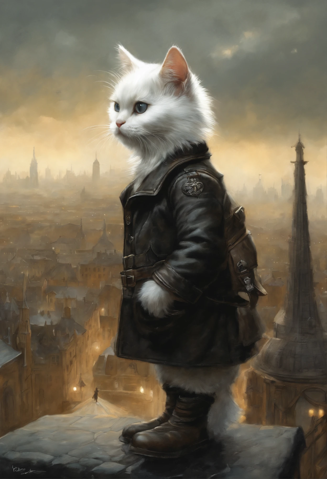 真实感, dark fantasy style, John Tolkien style, Small painting by Jean-Baptiste Monge, fluffy white cat boy, Looks like a cat, In a short black leather jacket....., Jeans, Standing next to a motorcycle, The city, megalopolis, city trail, big house, glass skyscraperJean-Baptiste Monge, anthropomorphic --ar 2:3 --testp -optimistic;