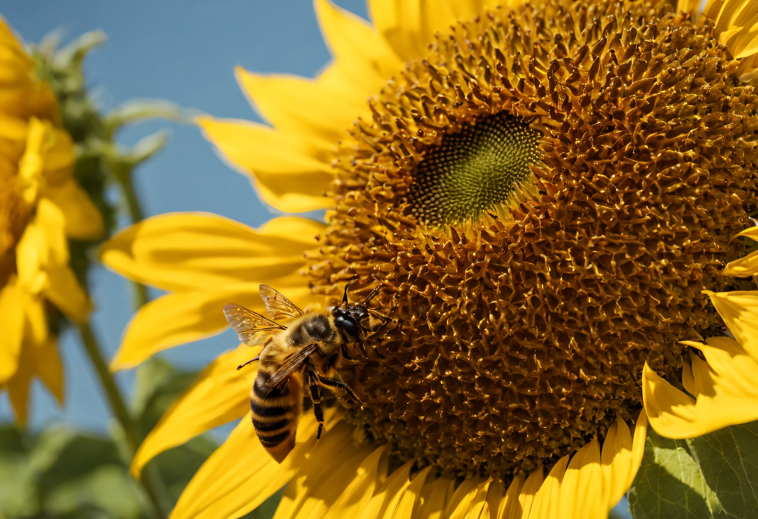 Close-up of a very flirty bee sunbathing on a lounger on top of a sunflower. Backlit construction scene.