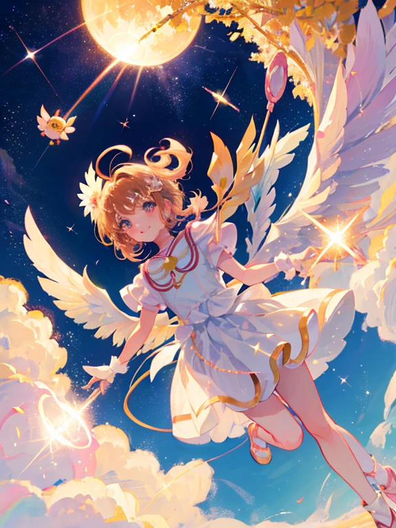 Cardcaptor Sakura、clear card version、kinomoto sakura、kirakira、fluffly、clear sky and sun、ssmile、There is a rainbow in the sky、Flying in the sky、back lighting、Kero-chan