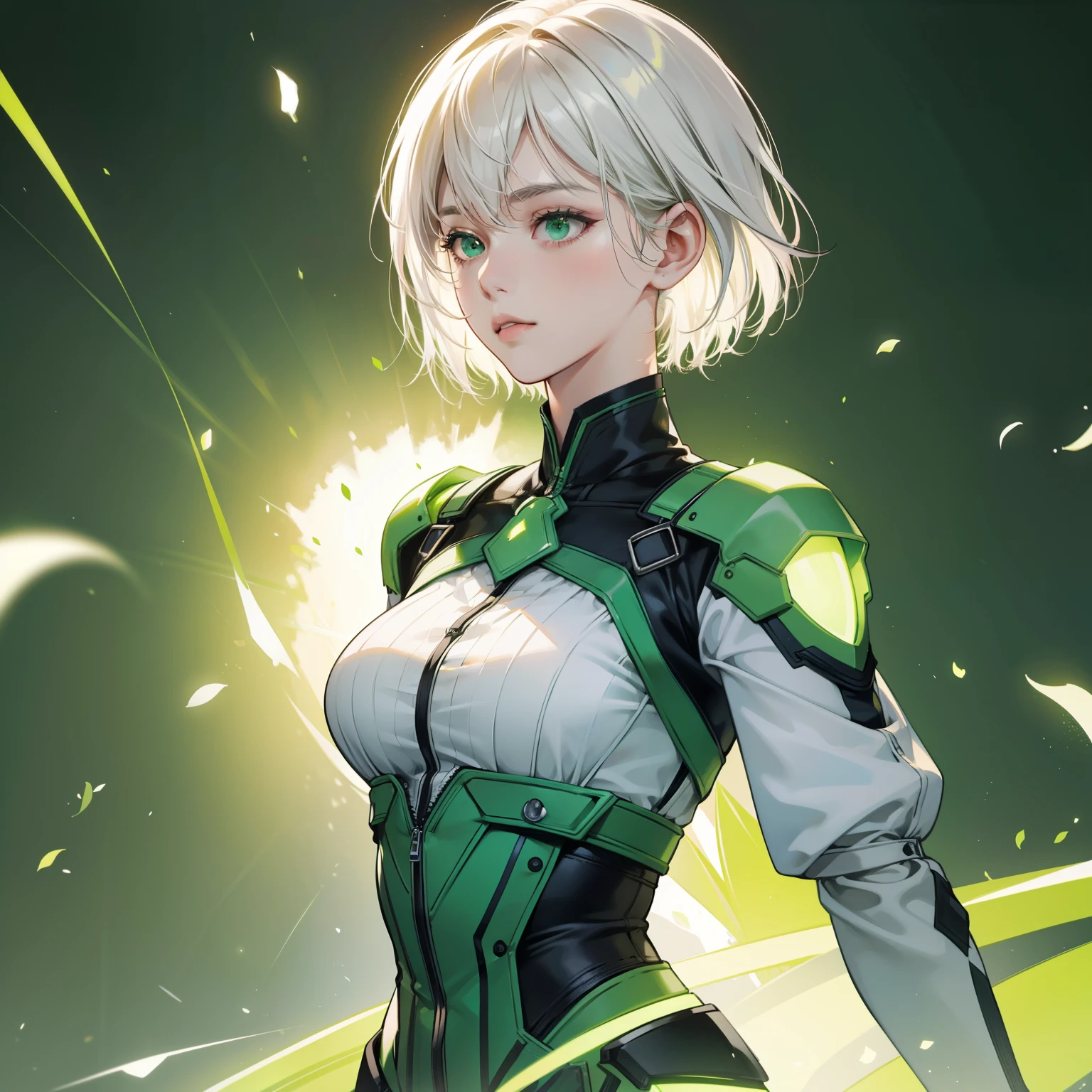 Masterpiece, high quality, best quality, HD, realistic, perfect lighting, detailed body, 1 woman, perfect eyes, short hair, white Hair, glowing, green lime hacker uniform, dark green background.