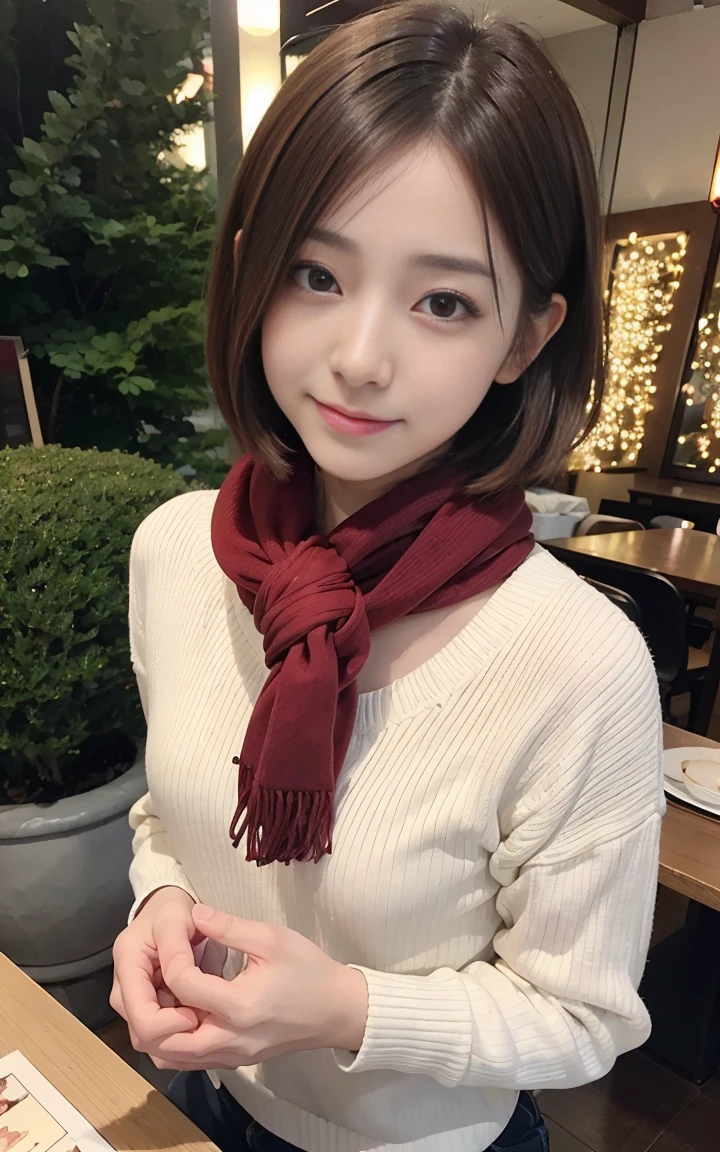 Cute 21 years old Japan、natta、Christmas、dinner、illuminations、garden、Super Detail Face、Eye of Detail、二重まぶた、beautiful thin nose、foco nítido:1.2、prety woman:1.4、(light brown hair,short cut hair, White skin、top-quality、发光、masterpiece、超A high resolution、(Photorealsitic:1.4)、cute fancy red winter clothes、Check muffler、