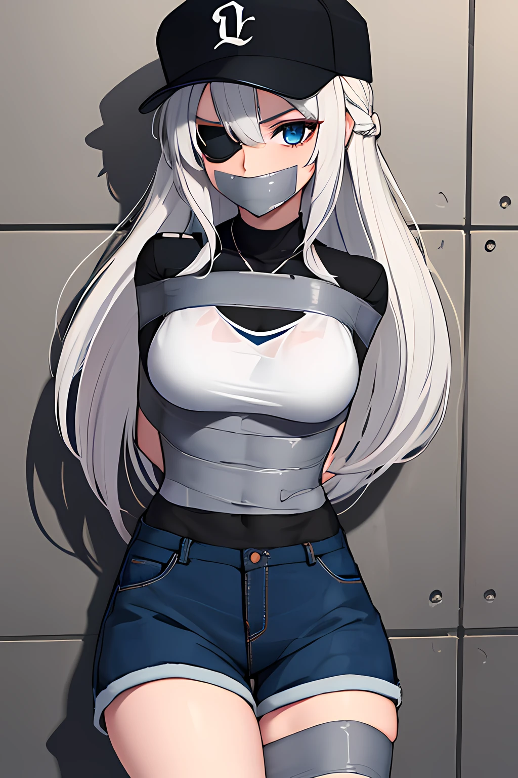 (absurdres, 8k, 4k, masterpiece, hyper extreme detailed:1.2), solo, 1girl, portrait, best quality, expressive eyes, perfect face, portrait, looking at viewer, solo, standing, casual wear, toned, white haired, eye patch, braided hair, long hair, medium breasts, scars, blue eyes, very long hair, military, shorts, white t-shirt, toned body, athletic body, muscular, friendly, calm, graphic t-shirt, medium bust, graphic t-shirt, baseball cap, bound, bondage, (arms behind back:1.4), bdsm, tape gag, tape, tape bondage, close-up, restrained, best anatomy, half body, taped thighs, taped legs, legs together, tape wrapped, wrap gag, eyepatch,