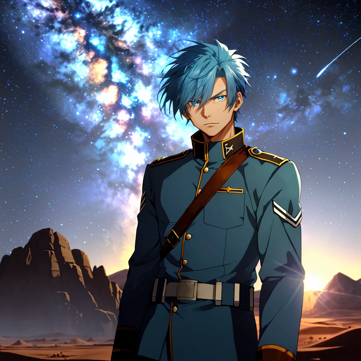 Anime-Man with blue hair and blue military uniform，Desert at night，eBlue eyes，against the background of the Milky Way，starrysky，