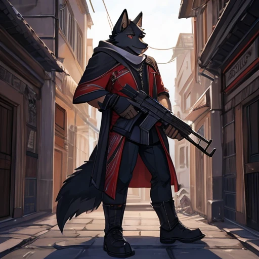 Black fur wolf, black cloak, chest naked fur black, red pants, white claws, no shoes, feet naked paws, white scarf on neck, mad expression, red eyes, standing, full body, hand holding assault rifle, ak47, face aiming assault rifle, dark art, solo, alone, background transparant
