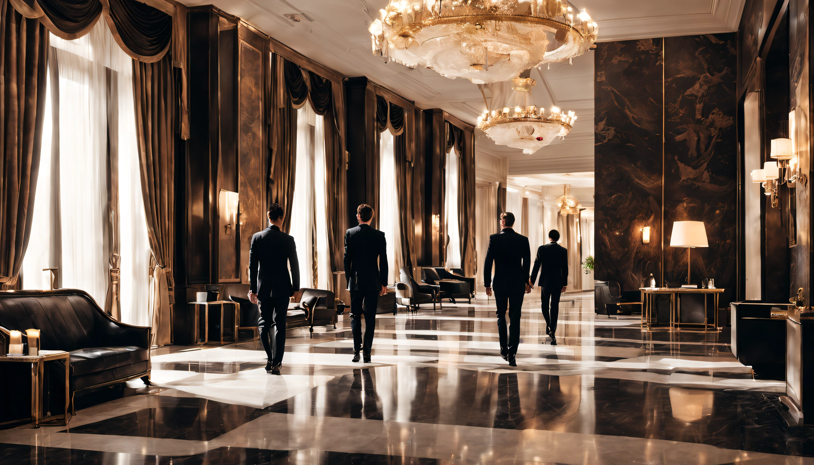an expensive hotel lobby with  people in black suits walking aroung