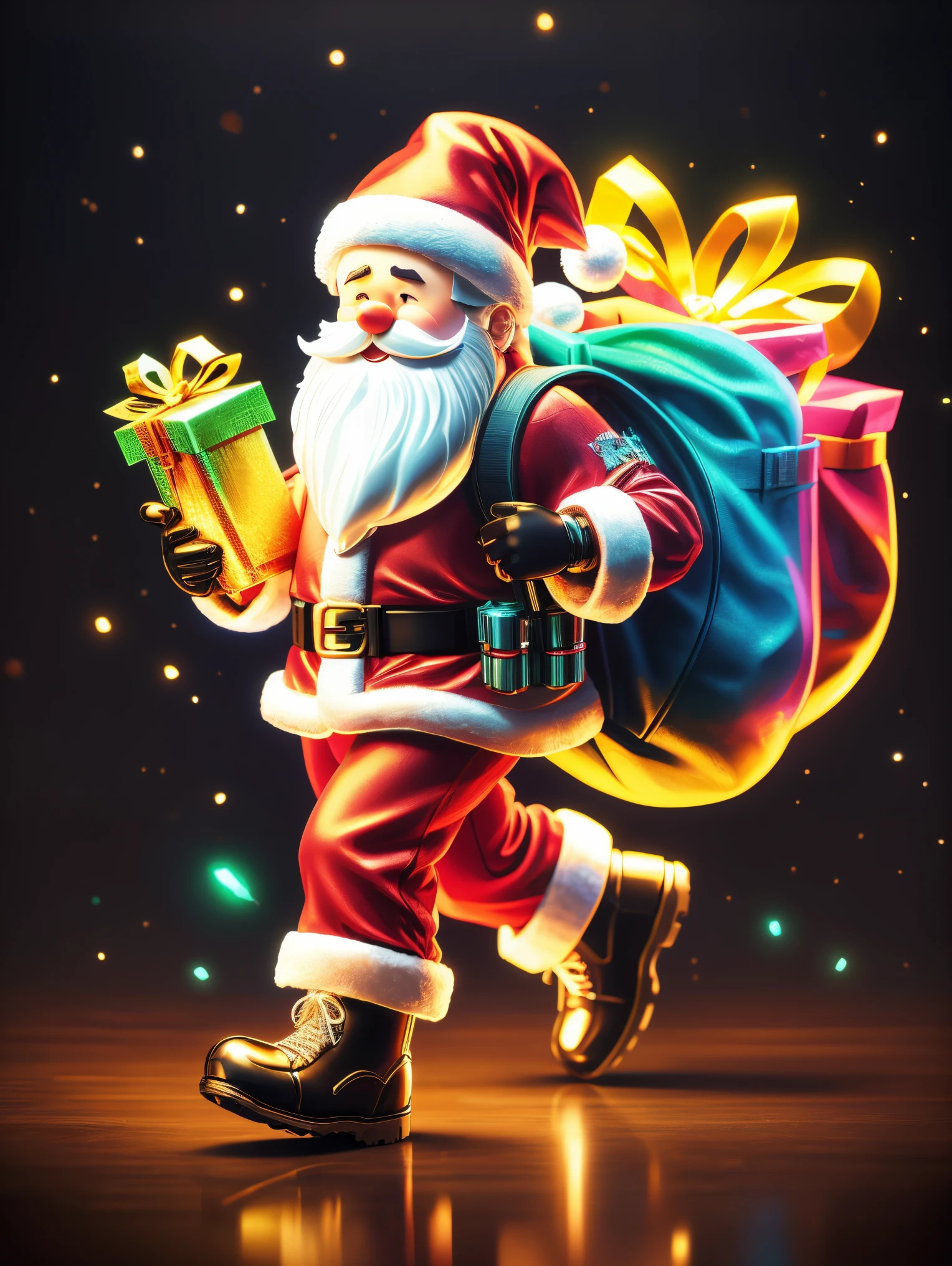 1 transparent glowing mechanical Santa Claus，(Holding CG game gun iconssw)，Carrying a rucksack，futuristic santa clauechanical Union Christmas City Background，model shoot style, (extremely detaild的 CG unified 8k wallpapers), hyper realisitc, 8K, super detailing, Best quality at best, Award-Awarded, Anatomically correct, 16k, super detailing