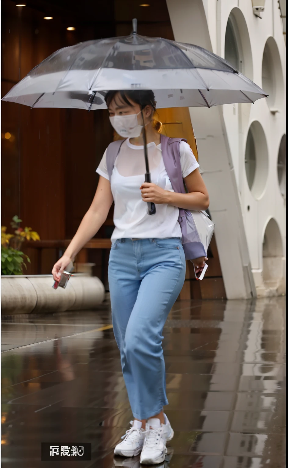 Woman walking in the rain with umbrella in hand, High quality clear photos