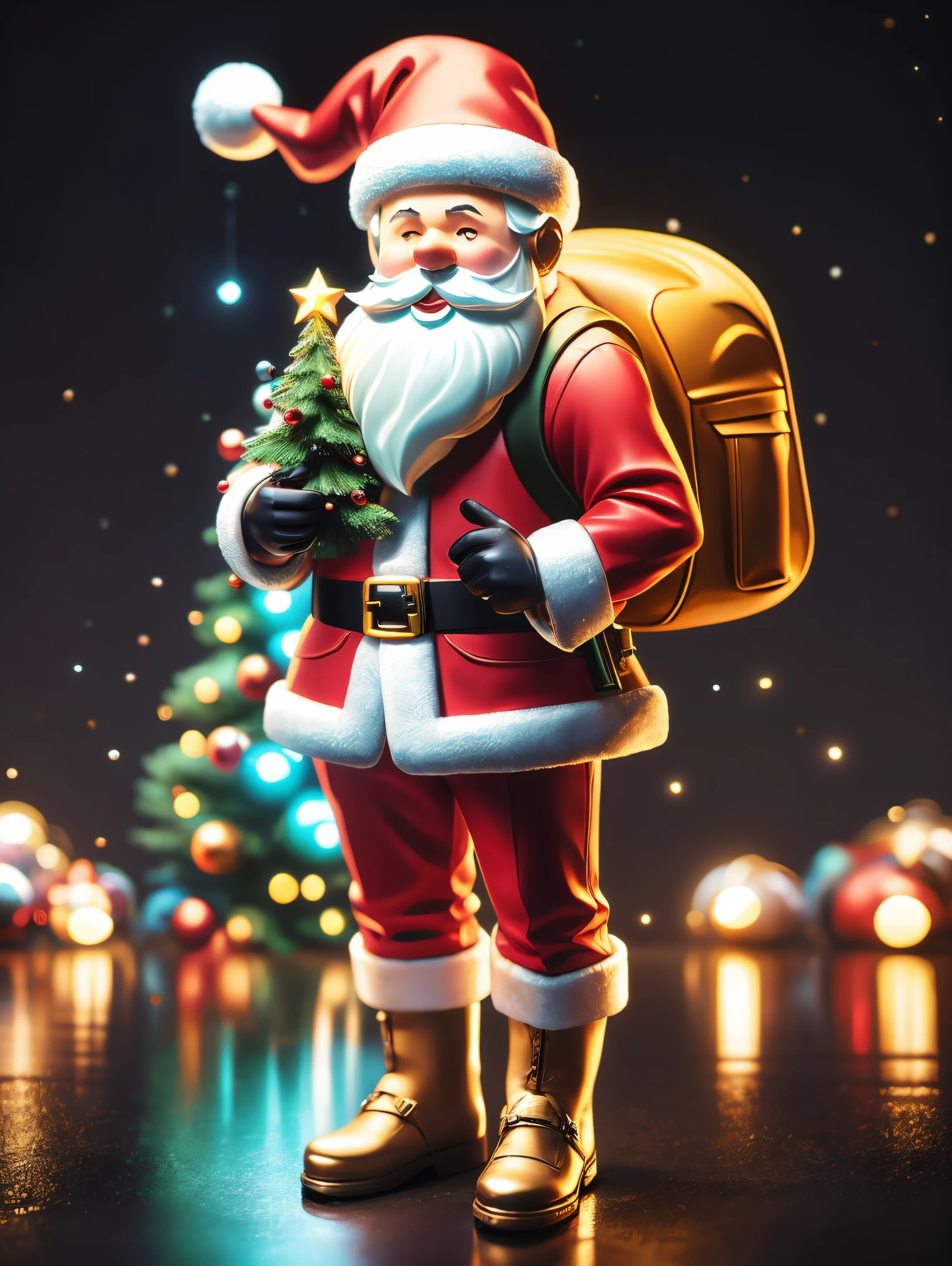 1 transparent glowing mechanical Santa Claus，(Holding CG game gun iconssw)，Carrying a rucksack，futuristic santa clauechanical Union Christmas City Background，model shoot style, (extremely detaild的 CG unified 8k wallpapers), hyper realisitc, 8K, super detailing, Best quality at best, Award-Awarded, Anatomically correct, 16k, super detailing