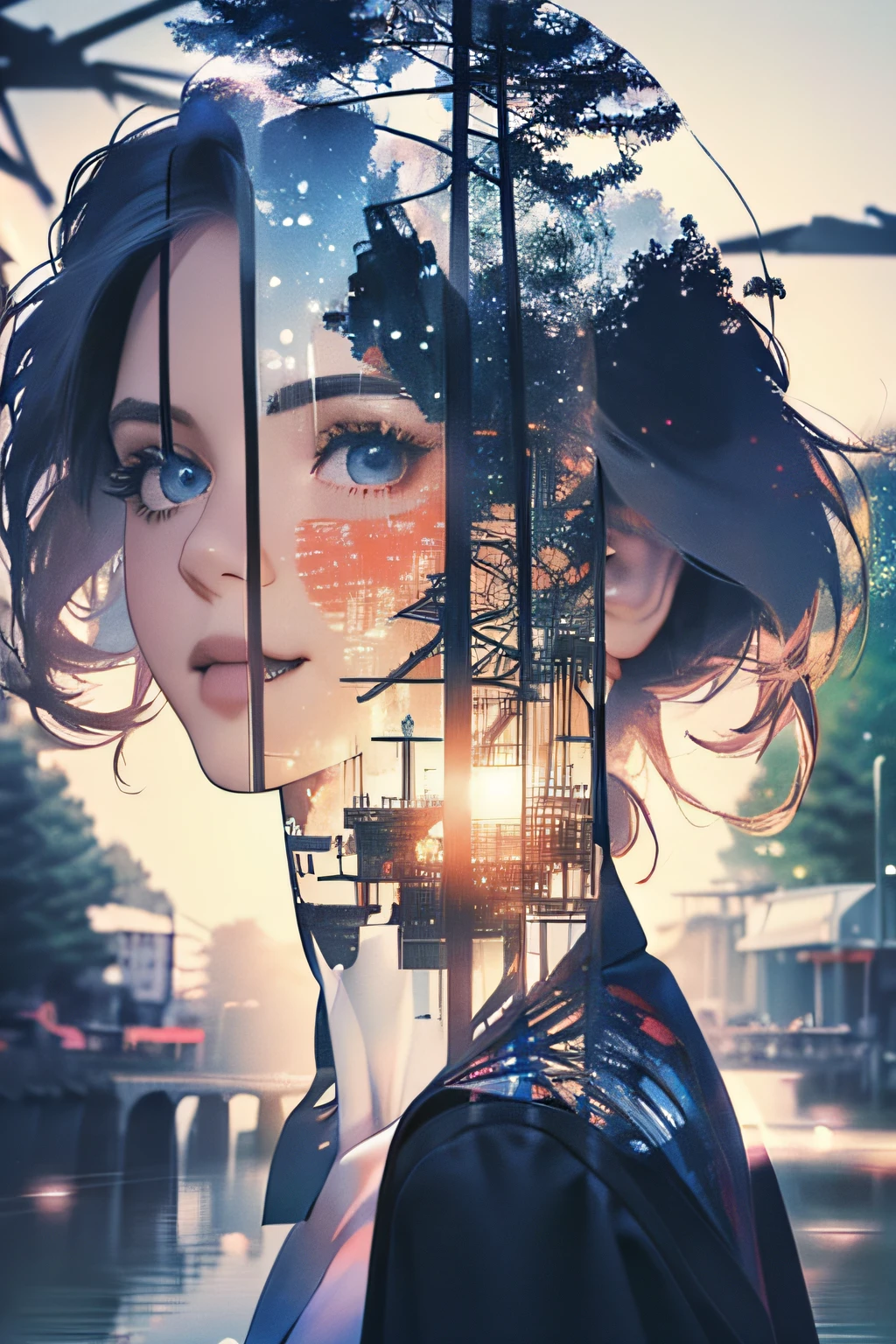 photoRealstic、((Super multiple exposure effect where the background can be seen through the clothes))、girl with、A smile、Lakeside in the background、Wonderful、towards the night view, If you leave the shutter open for a long time、create a line of light.