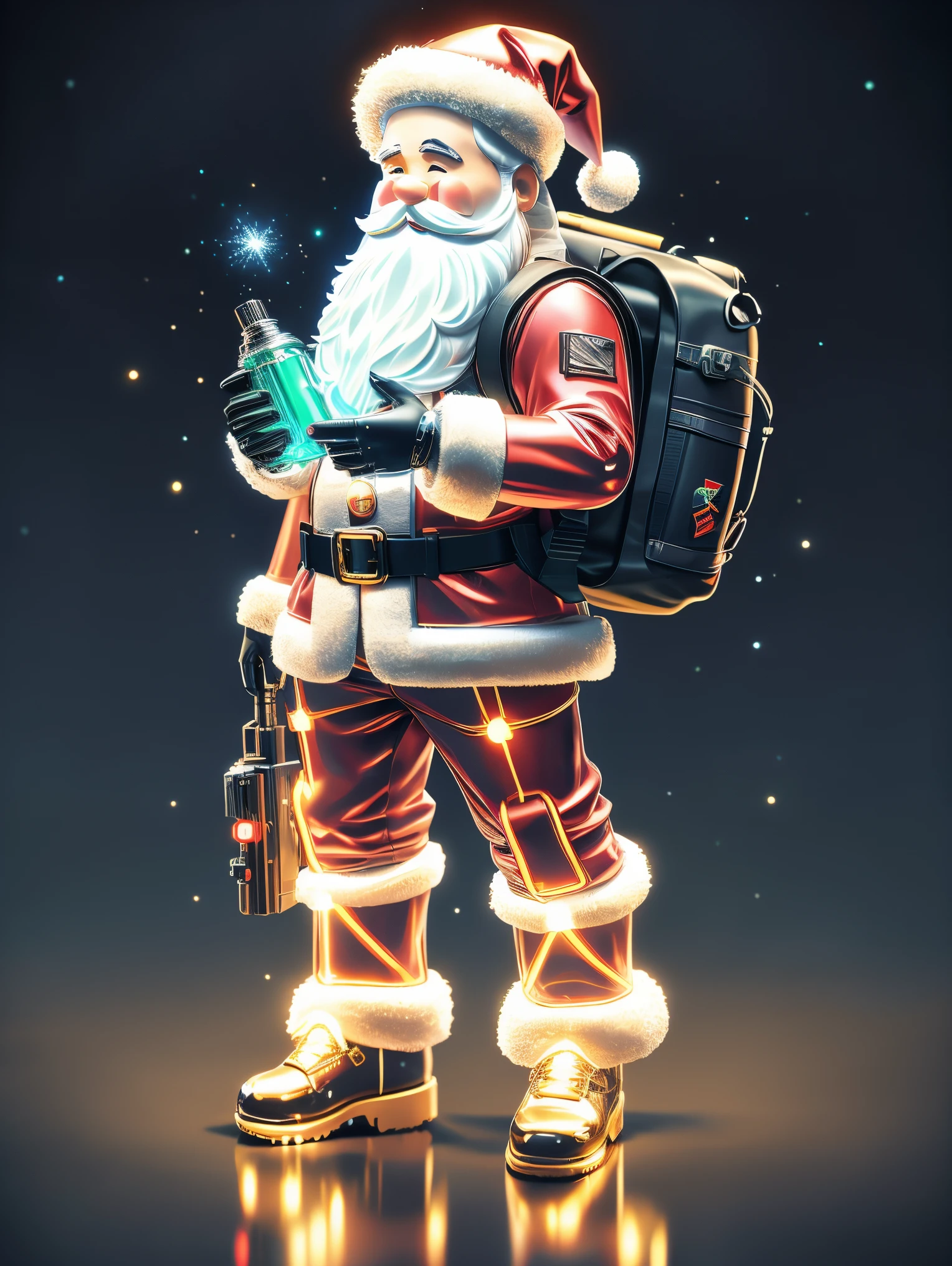 1 transparent glowing mechanical Santa Claus，(Holding CG game gun iconssw)，Carrying a rucksack，futuristic santa clauechanical Union Christmas City Background，model shoot style, (extremely detaild的 CG unified 8k wallpapers), hyper realisitc, 8K, super detailing, Best quality at best, Award-Awarded, Anatomically correct, 16k, super detailing