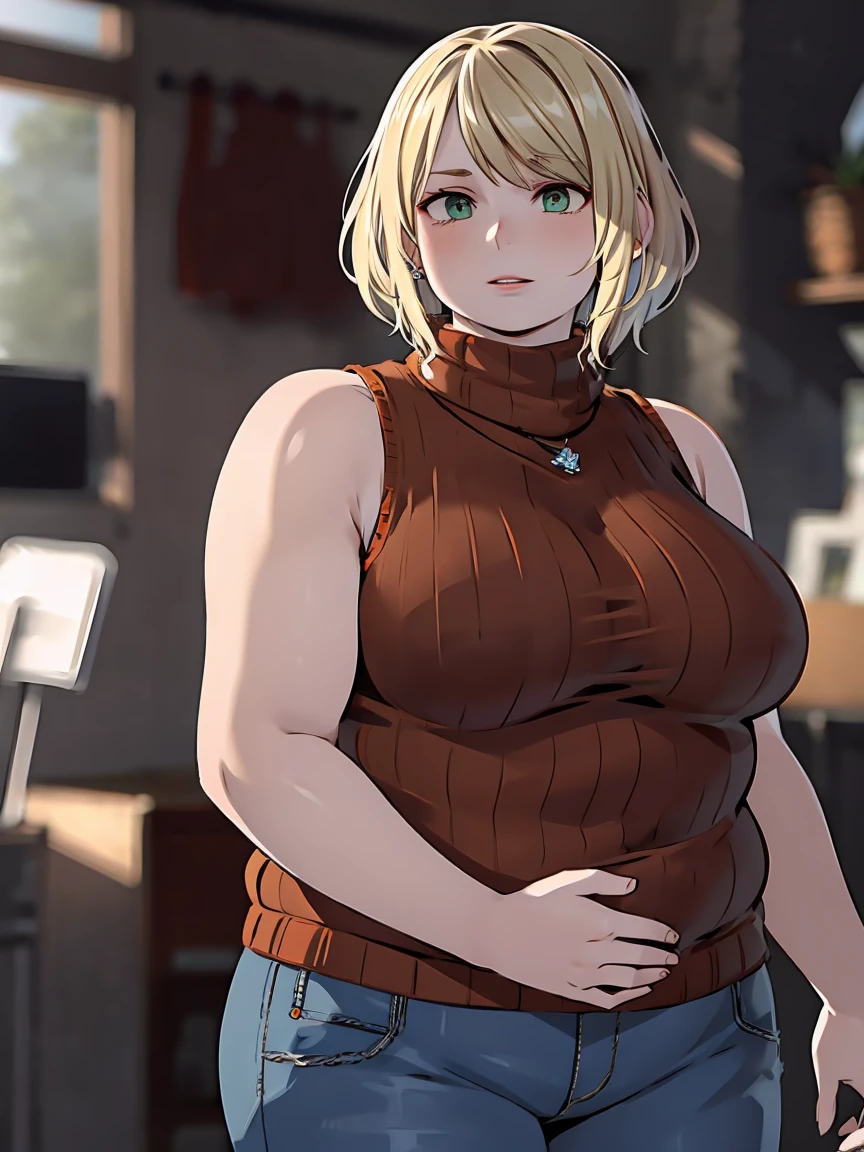 masterpiece , 4K, high quality, perfect anatomy, perfect eyes, very chubby 1girl, blurry, photo_\(medium\), realistic, short_hair, sleeveless, solo, looking_at_viewer, plump body, blonde_hair, shirt, bare_shoulders, jewelry, light green eyes, full body, navel sample, parted_lips, necklace, sweater, lips, turtleneck, bob_cut, sleeveless_turtleneck, orange_shirt, fat Ashley, 3d,