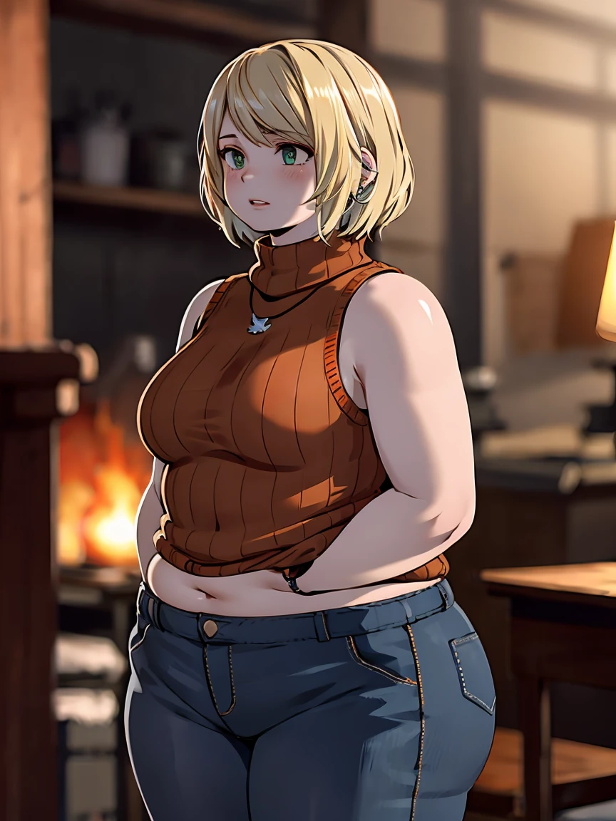 masterpiece , 4K, high quality, perfect anatomy, perfect eyes, very chubby 1girl, blurry, photo_\(medium\), realistic, short_hair, sleeveless, solo, looking_at_viewer, very chubby body, blonde_hair, shirt, bare_shoulders, jewelry, light green eyes, full_body, parted_lips, necklace, sweater, lips, turtleneck, bob_cut, sleeveless_turtleneck, orange_shirt, fat Ashley, 3d,