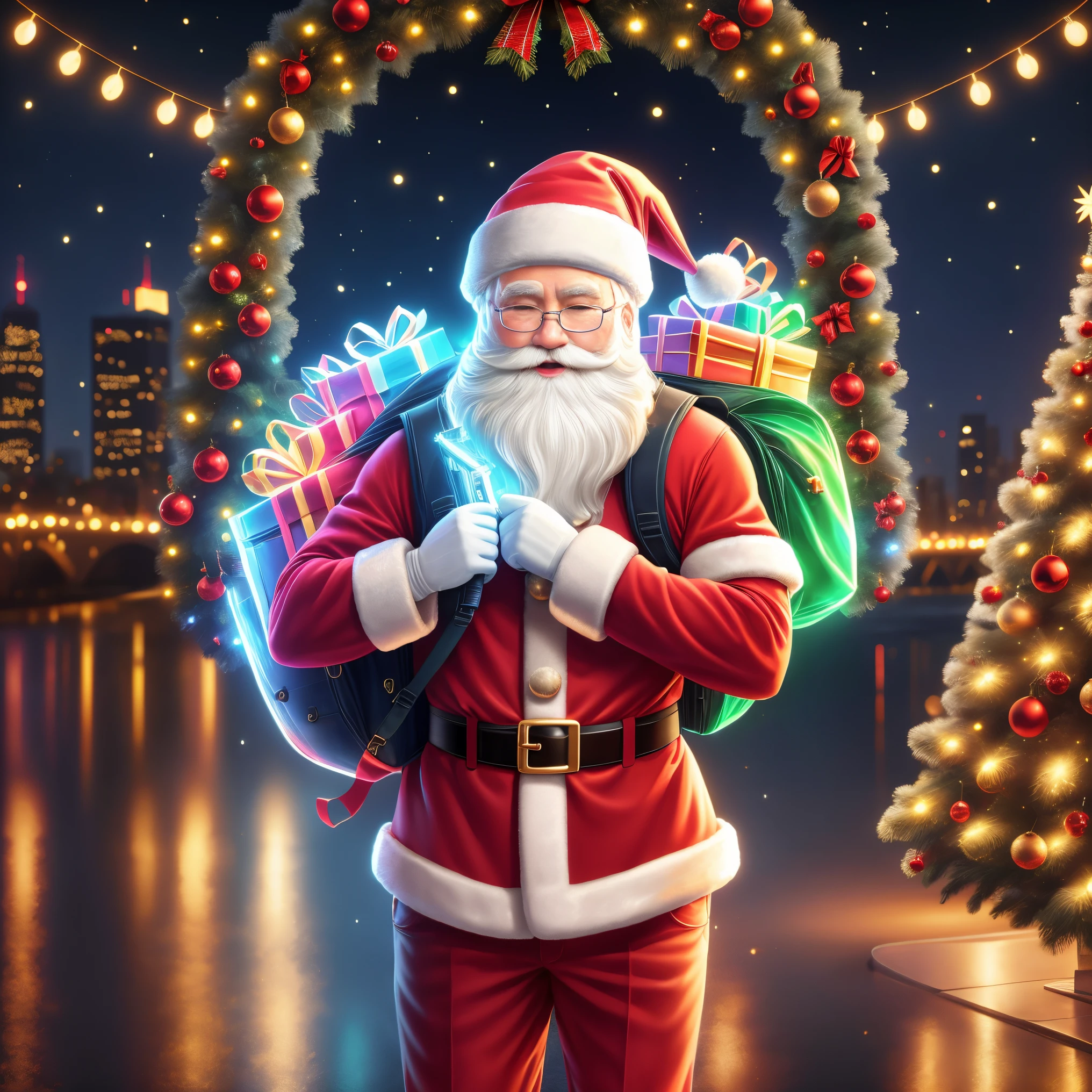 1 transparent glowing mechanical Santa Claus，Take the AK47，Carrying a rucksack，futuristic santa clauechanical Union Christmas City Background，model shoot style, (extremely detaild的 CG unified 8k wallpapers), hyper realisitc, 8K, super detailing, Best quality at best, Award-Awarded, Anatomically correct, 16k, super detailing