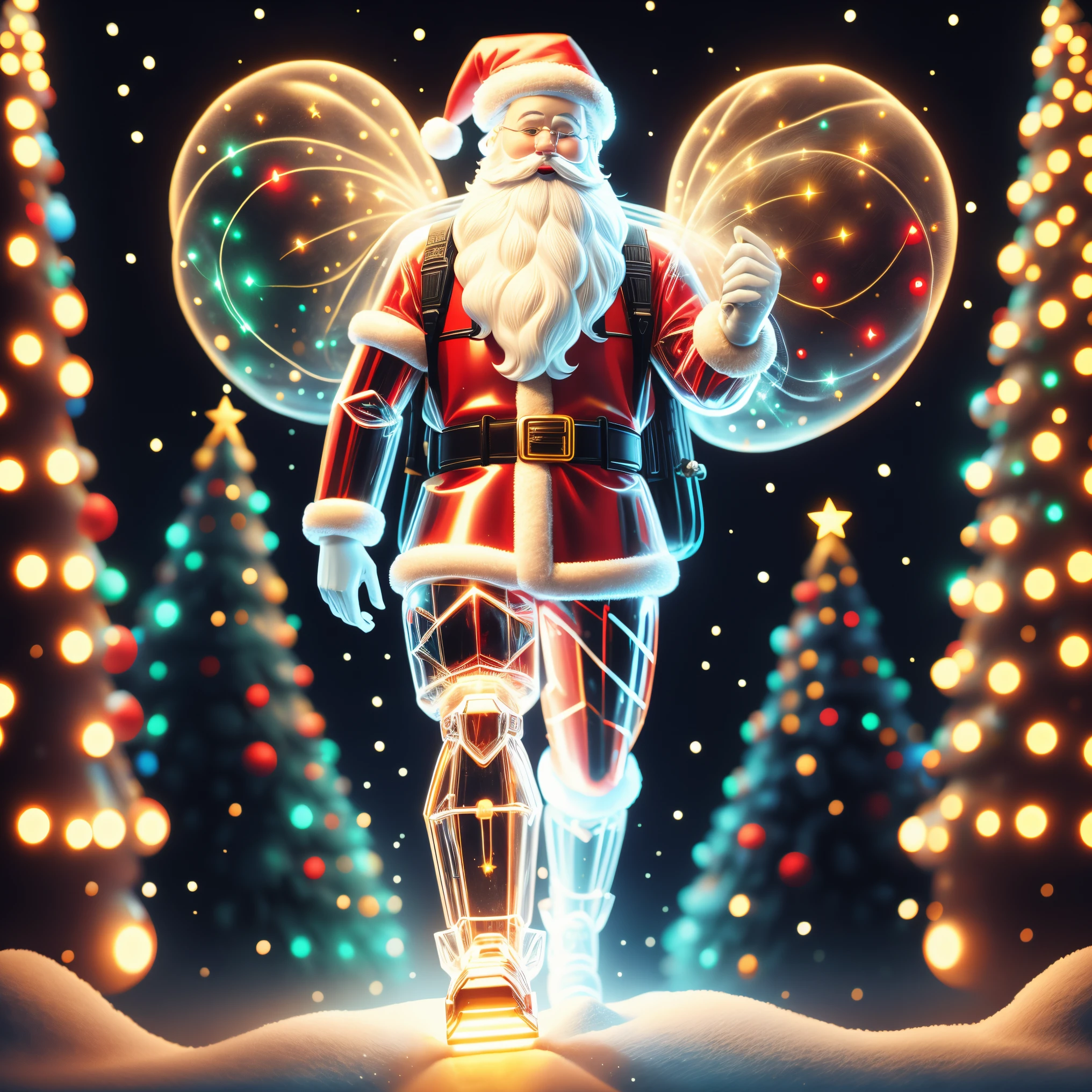 1 transparent glowing mechanical Santa Claus,Take the AK47,Carrying a rucksack,futuristic santa clauechanical Union Christmas City Background,model shoot style, (extremely detaild的 CG unified 8k wallpapers), hyper realisitc, 8K, super detailing, Best quality at best, Award-Awarded, Anatomically correct, 16k, super detailing