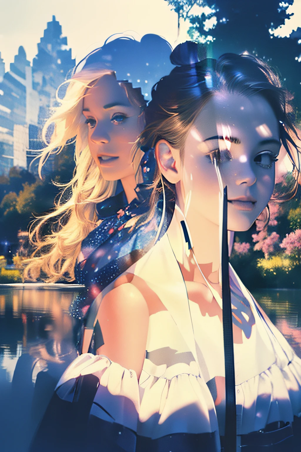 photoRealstic、((Super multiple exposure effect where the background can be seen through the clothes))、girl with、A smile、Lakeside in the background、Wonderful、towards the night view, If you leave the shutter open for a long time、create a line of light.