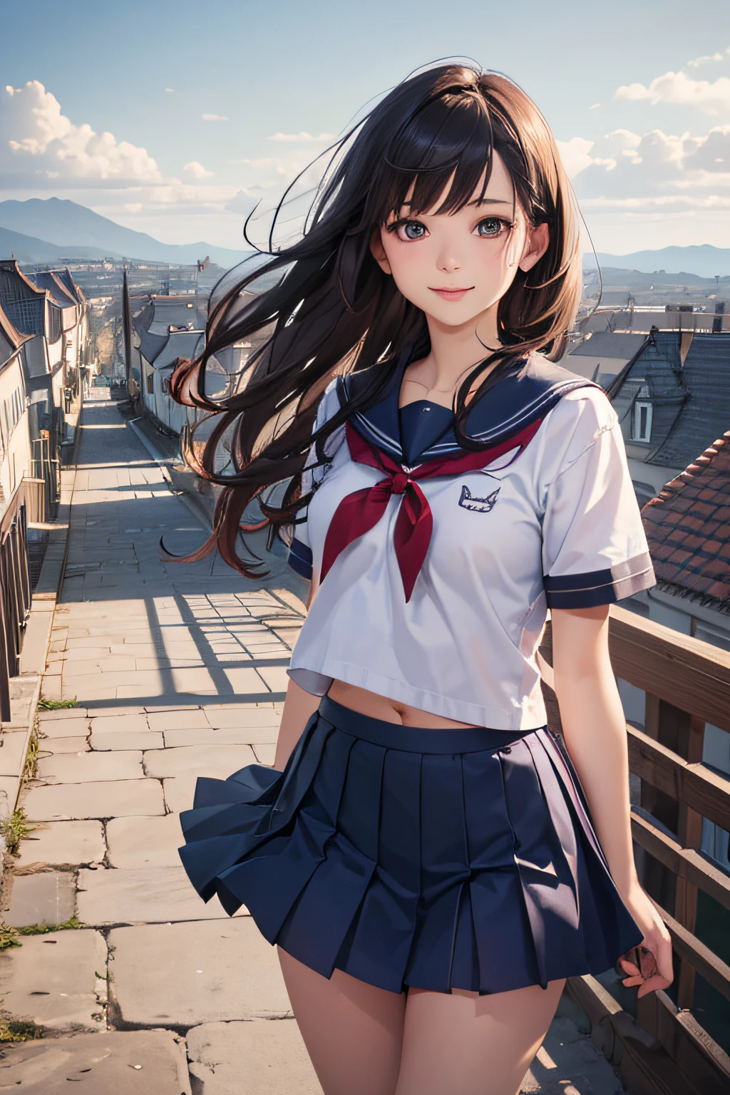 Very cute and beautiful girl,,(very detailed beautiful face and eyes:1.2),Seifuku,Smile,(Navy blue pleated mini skirt),
(Cowboy Shot),(Skirt lift,White panties),Dynamic Angle,Looking at Viewer,
many european houses with red roofs,(Town overview:1.2),Narrow river and distant stone bridge,Detailed landscapes,
Black hair,(Best Quality,masutepiece:1.2),Intricate details,Extremely detailed,8K resolution,Solo,Natural lighting,
Hair fluttering in the wind,Beautiful detailed sky,(Realistic),