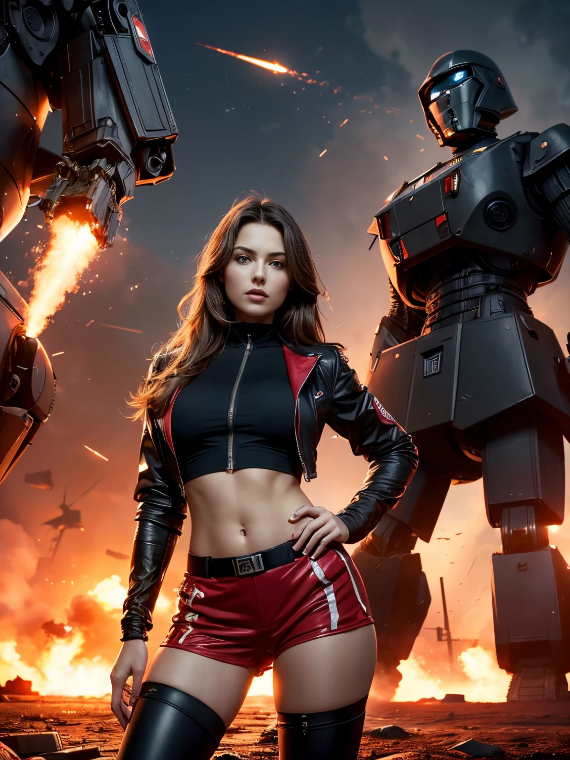 (Ultra high-definition imageidelity :1.2),Realistic,High quality,Movie Light, full body, 1 gorgeous european woman, (stands in front of a giant war robot:1.3),she wears red shorts and black jacket, flirts with camera
