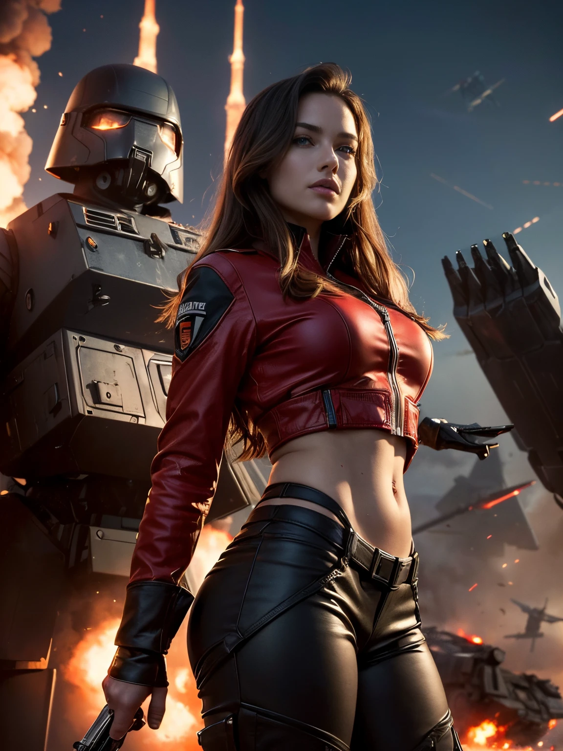 (Ultra high-definition imageidelity :1.2),Realistic,High quality,Movie Light,  full body, 1 gorgeous european woman, (stands in front of a giant war robot:1.3)，she wears red shorts and black jacket, flirts with camera